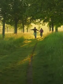 Two kids riding bikes down a grassy path in golden light, one with arms out wide.