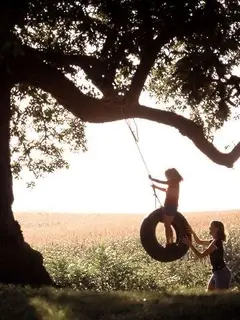 Two kids at a tire swing under a big tree beside a field.