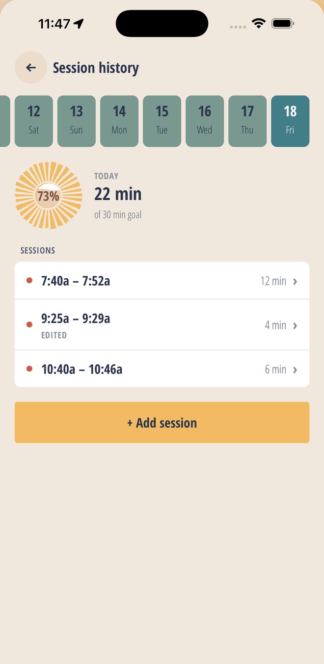 Today's session history: three outdoor sessions adding up to 22 minutes, 73% of a 30-minute Goal.