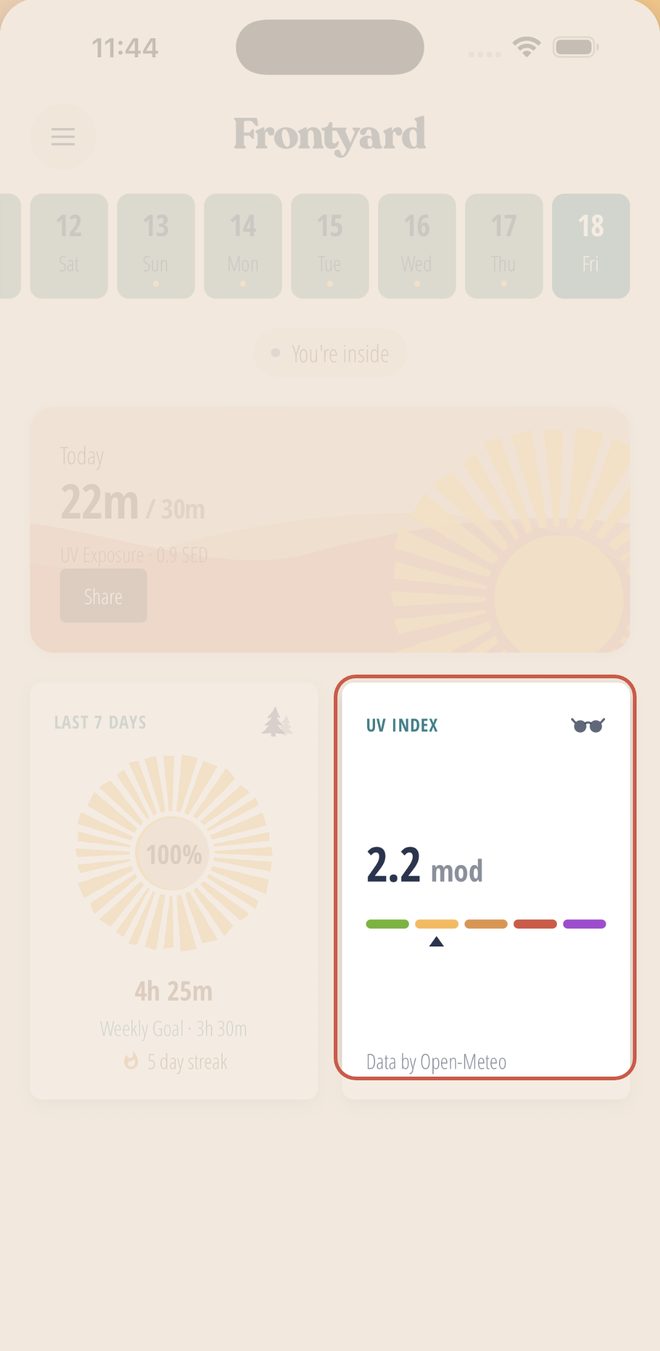 The UV index card on the Today screen, reading 2.2: the UV in the air right now.