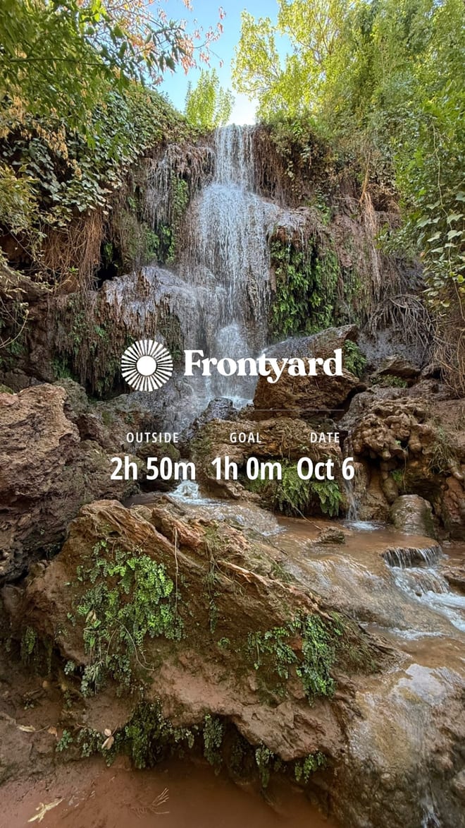 A Story posted from Frontyard: the Sticker over a waterfall, 2 hours 50 minutes outside against a 1-hour Goal.